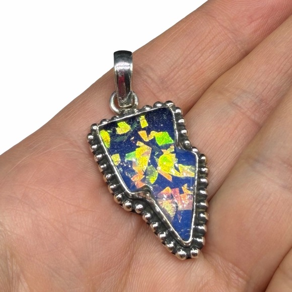 Australian Fire Opal Lightning Bolt Necklace Pendant Solid 925 Sterling Silver - Picture 6 of 7